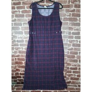 VINTAGE Corduroy Apron Jumper Overall Dress 18 Purple Plaid Long Modest Teacher